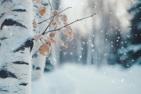 Snowflakes falling on a birch tree with dry orange leaves in a winter forest, creating a serene and magical atmosphereの素材