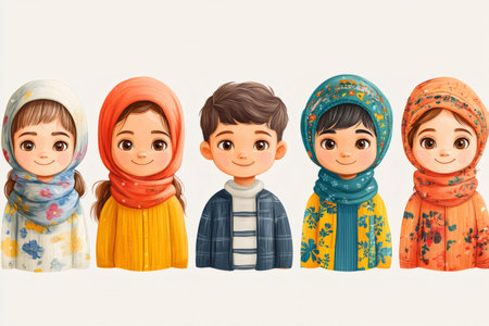 Five smiling children wearing colorful autumn clothes, including scarves and sweaters, create a cheerful and warm autumnal sceneの素材