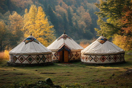 Three yurts are standing in a meadow near an autumn forest, offering a peaceful retreat in natureの素材