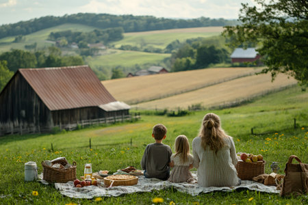 Mother with two children having a picnic in the countryside, enjoying a peaceful moment togetherの素材