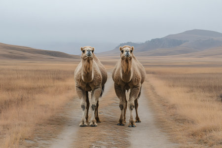 Two Bactrian camels stand on a dirt road amid a vast, dry Mongolian steppe landscapeの素材