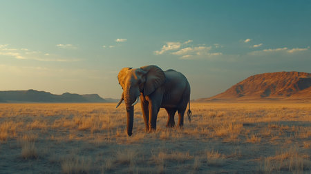 Large elephant walking through the savanna at sunset with mountains in the backgroundの素材