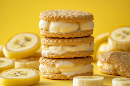 Banana ice cream sandwiches melting on a yellow background with banana slicesの素材