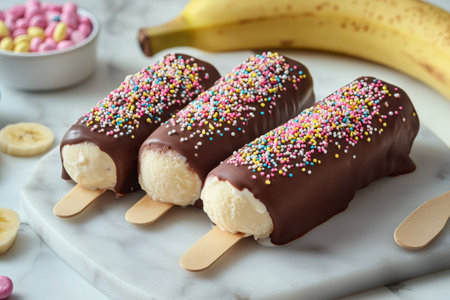 Delicious homemade frozen banana popsicles covered with chocolate and colorful sprinkles lying on a marble cutting boardの素材