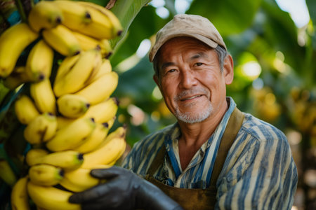 Portrait of a smiling senior farmer holding a bunch of organic bananas in his banana plantationの素材