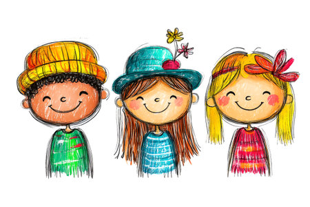Childish crayon drawing of three happy smiling kids wearing colorful clothing and hats, promoting diversity, friendship, and joyの素材