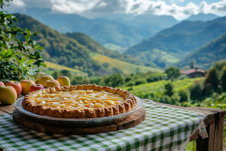 Freshly baked apple pie and apples on a table with a beautiful mountain view in the backgroundの素材