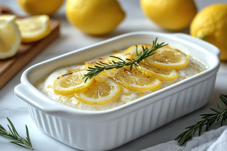 Delicious lemon posset decorated with lemon slices and rosemary served in a white ceramic baking dishの素材