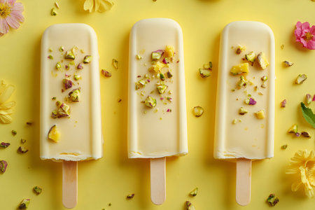 Three lemon ice cream popsicles with chopped pistachios lying on a yellow background with flowersの素材