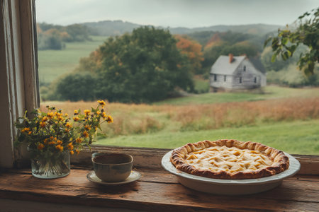 Freshly baked apple pie and a cup of coffee sit on a window sill, overlooking a tranquil farm scene on a cloudy dayの素材