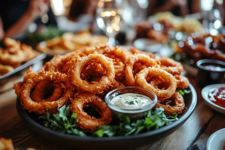 Golden onion rings are served with a creamy dipping sauce, creating a tempting appetizer or snackの素材