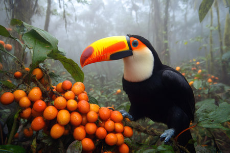 Red breasted toucan perched on a branch enjoying orange berries in a misty rainforestの素材