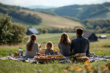 Family enjoying a picnic in the countryside, surrounded by fresh apples and a breathtaking view of rolling hills and farmlandの素材