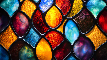 Stained glass window with colorful pieces of glass forming a beautiful mosaic, allowing light to shine throughの素材