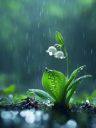 White lily of the valley flower with green leaves getting wet under the rain in a forestの素材