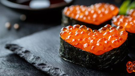 Delicious heart shaped gunkan maki sushi with ikura - salmon roe - is waiting for you to celebrate Valentine's Dayの素材
