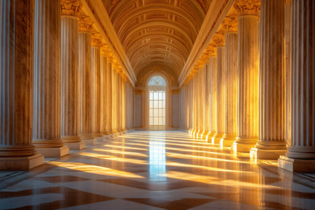 Warm sunlight illuminates a luxurious colonnade with marble floor and high ceilingの素材