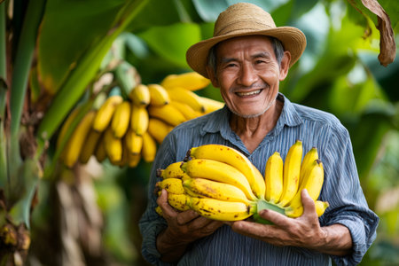 Senior farmer smiling and holding bananas in a plantation, proud of his organic fruit harvestの素材