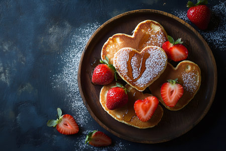 Delicious heart-shaped pancakes with fresh strawberries and powdered sugar, perfect for a romantic Valentine's Day breakfastの素材
