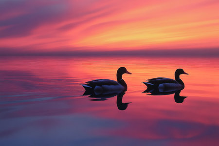 Two ducks swimming peacefully on a calm lake during a vibrant sunset, creating a serene and picturesque sceneの素材