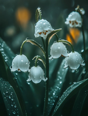 White flowers with orange dots covered in raindrops after summer rain showerの素材