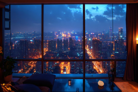 Stunning panoramic view of illuminated metropolis from modern apartment at dusk, offering luxurious urban living experienceの素材