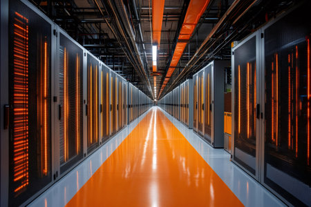 Orange lights illuminating corridor in modern data center with server racks and cablesの素材