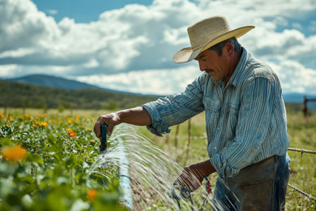 Mexican farmer watering calendula field under blue sky with clouds in Mexicoの素材