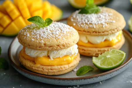 Two delicious mango and lime macarons filled with vanilla ice cream and mango curd, garnished with mint leaves and icing sugarの素材