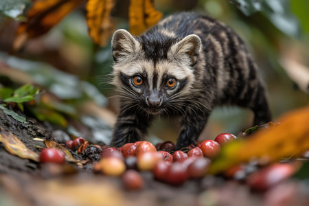 Common palm civet walking on coffee beans and looking forwardの素材