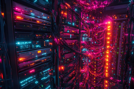Server racks with colorful cables and lights are illuminating a data center, creating a futuristic technology sceneの素材