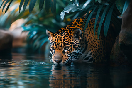 Wild jaguar refreshing in the Amazon rainforest river, hidden in the vegetationの素材