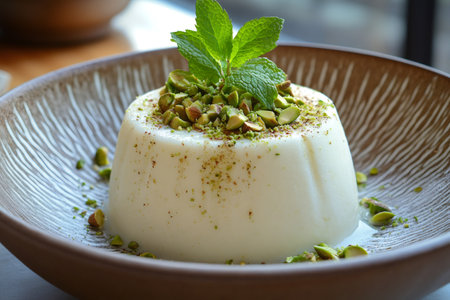 Close up of a delicious Muhallebi, a traditional milk pudding, topped with crushed pistachios and fresh mint leaves, served in a stylish bowlの素材