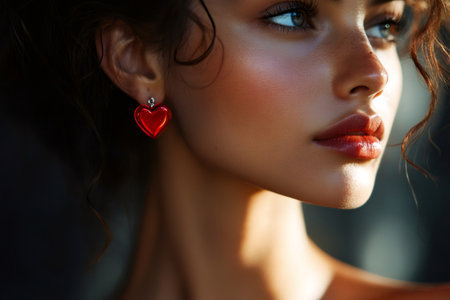 Close up portrait of a beautiful model with heart shaped earrings, illuminated by warm sunlightの素材