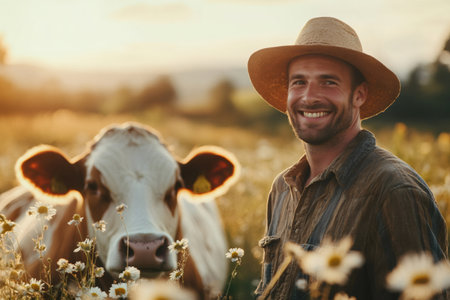 Happy farmer smiling in a field of daisies with his cow at sunsetの素材