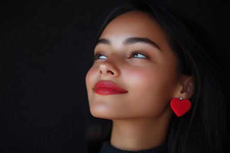 Beauty portrait of a young woman with perfect skin and red lipstick wearing a heart shaped earring smiling and looking upの素材