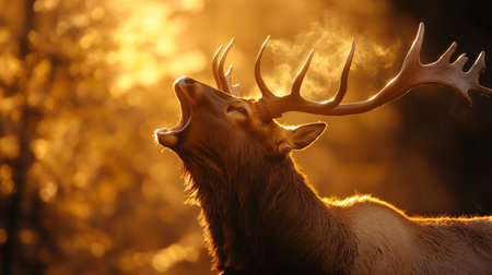 Powerful elk with large antlers bugling in a scenic landscape with warm, golden sunlightの素材