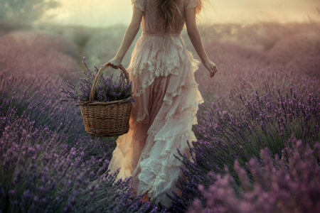 Woman wearing long dress is carrying wicker basket full of lavender in beautiful blooming lavender field at sunsetの素材