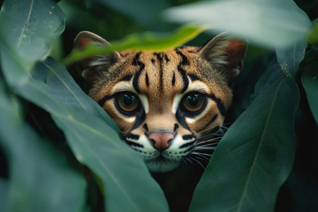 Margay, a small wild cat native to Central and South America, partially concealed amid the dense foliage of the Amazon rainforestの素材