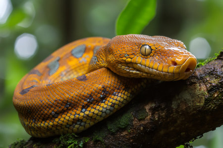 Coiled emerald tree boa resting on a moss covered branch in lush Amazon rainforestの素材