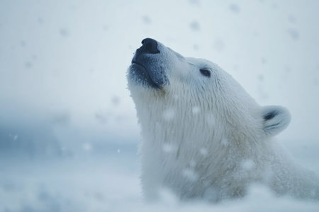 Majestic polar bear with head raised, enjoying falling snowflakes in its natural snowy habitatの素材