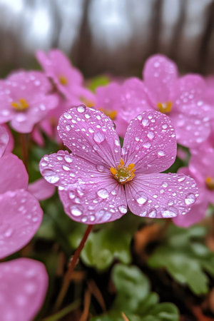 Close up of a vibrant pink oxalis flower with water droplets, showcasing the beauty of nature after a refreshing rainの素材