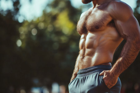 Muscular athlete showing his abs while resting after exercising outdoorsの素材