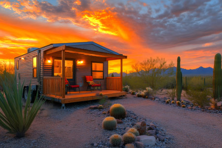 Wooden tiny house with porch and cacti in the Arizona desert at sunsetの素材