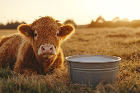 Adorable highland calf resting near water trough in a golden field during sunset, enjoying the peaceful atmosphereの素材