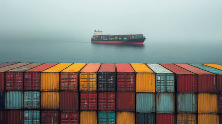 Cargo ship loaded with colorful shipping containers sailing in the fog towards another container shipの素材