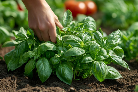 Close up of hand picking fresh basil leaves growing in garden bedの素材