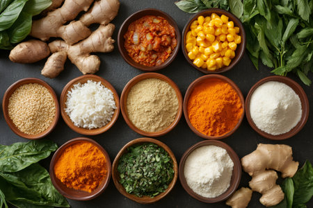 Colorful spices, herbs and grains are arranged in small wooden bowls, sitting on a dark background, creating a vibrant and inviting sceneの素材
