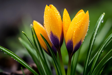 Yellow and purple crocuses blooming in the grass with water drops after the rainの素材