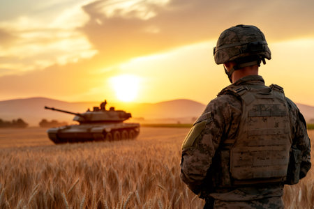 Soldier standing in a wheat field, watching a tank during a beautiful sunsetの素材